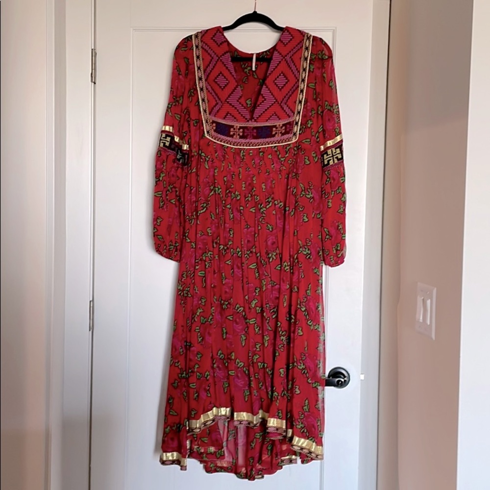 Free People Red Floral Print Embellished Dress